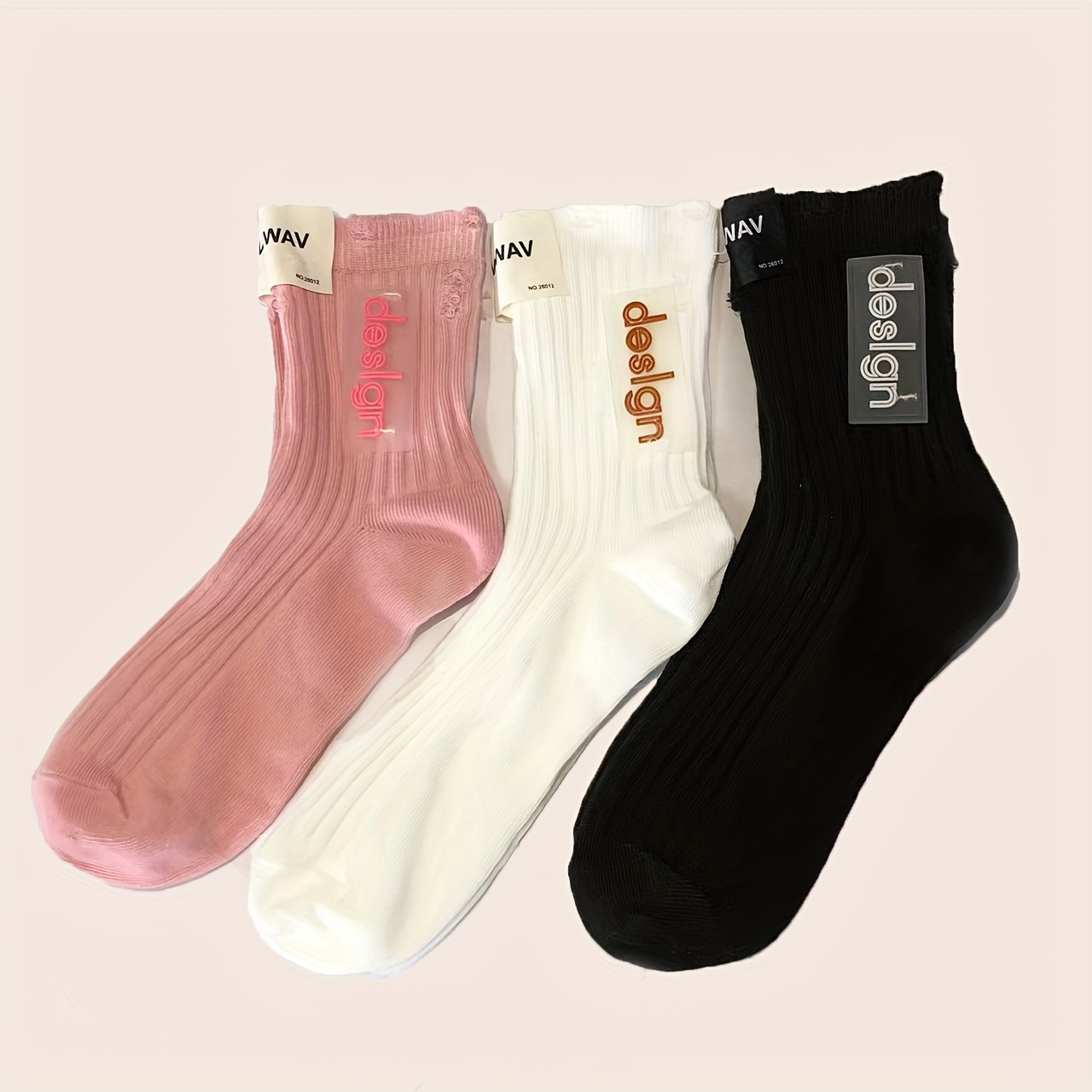 Image of 3 Pairs Of Women's Mid-calf Slouchy Socks With Ripped Holes, Anti-slip, Fabric Label, Heat Transfer Printing, And Large Three-dimensional Letters