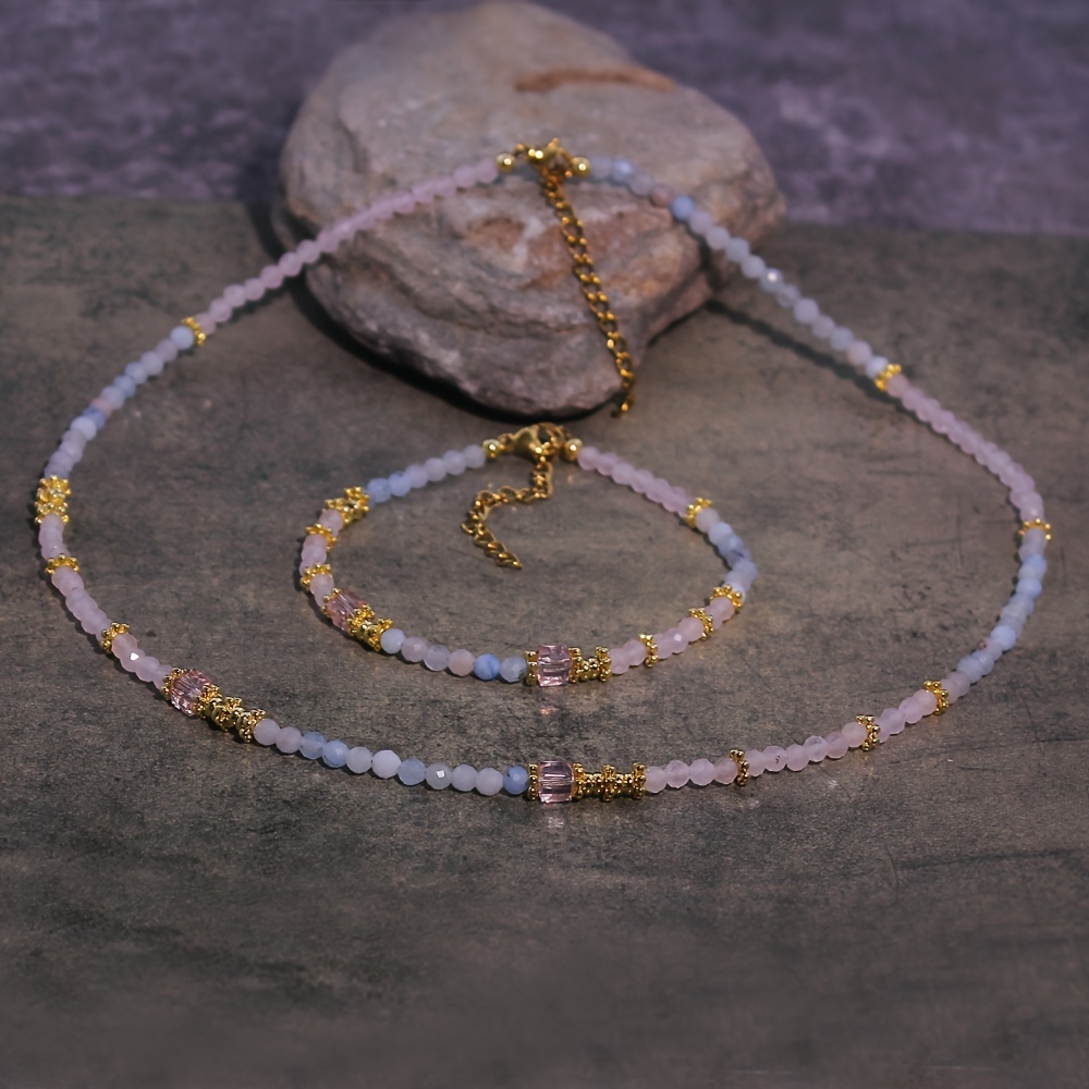 Image of 2pcs Elegant Aquamarine Rose Quartz Beaded Jewelry Set, Bohemian Layered Necklace & Bracelet Matching Kit, Beach Holiday Summer Jewelry Accessories, Ideal Gift For Women