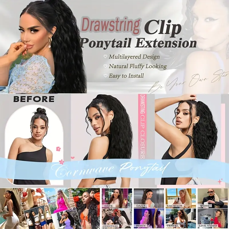 18 deep wave corn clip in ponytail extension for women high temperature synthetic hairpiece with drawstring layered wavy afro for daily wear parties hair accessories details 0