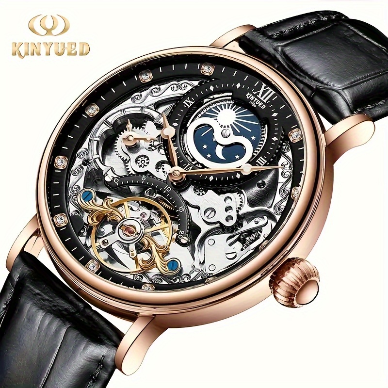Image of [kinyued] Men'-sided Skeleton Automatic Mechanical Watch | Stylish Dual-time Function, Stainless , Faux Leather Strap, Waterproof 30m, Ideal Gift , Without Battery