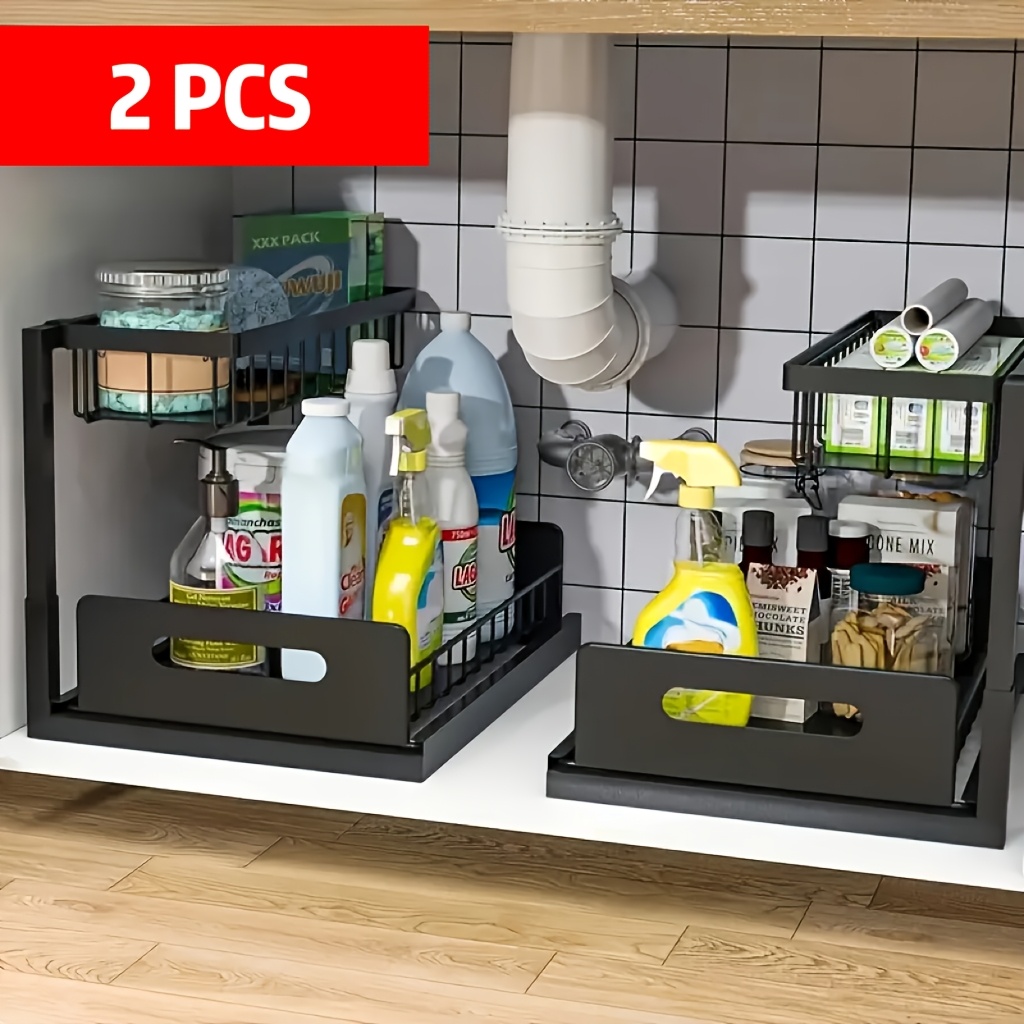 TEMU 2 Pack Metal Under-sink Storage Racks, Two-tier Cabinet Shelves, Featuring Pull-out Drawers, A Pull-out Under-sink Storage Cabinet, Versatile