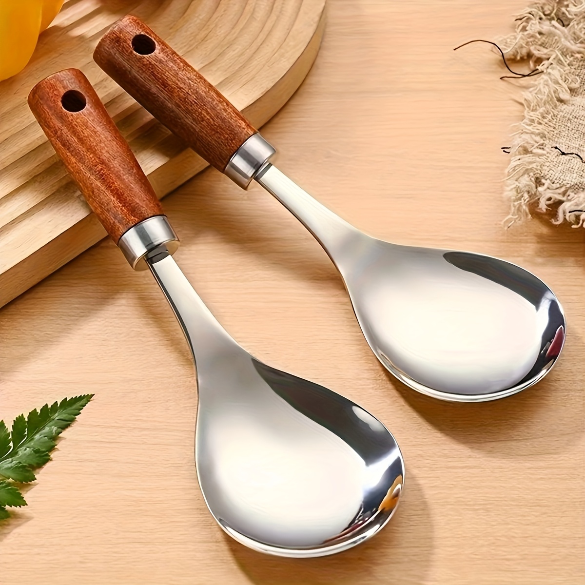 TEMU Wood-handled Stainless Steel Soup Spoon, Heat-resistant Cooking Spoon, Household Elongated Soup Spoon, Table Serving Spoon, High-temperature