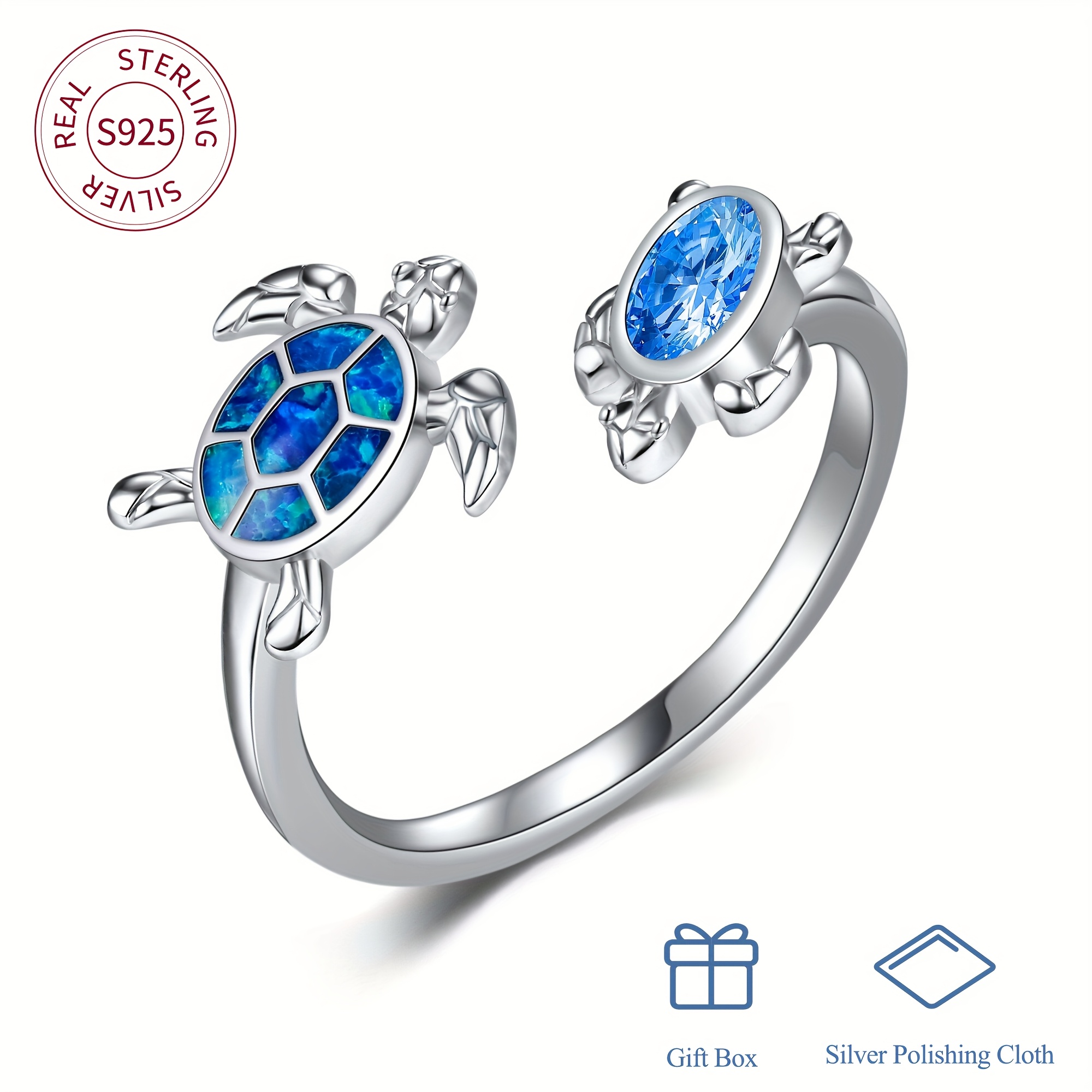 Sea Turtle Ring 925 Sterling Silver Synthetic Opal Adjustable Ring