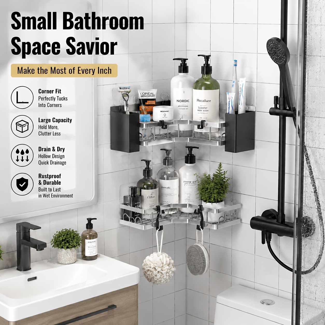 TEMU 3pcs Stainless Steel Shower Caddy, Shower Caddy Corner, 18kg Load Shower Storage With 8 Hooks, Rustproof Bathroom Additions With Soap And