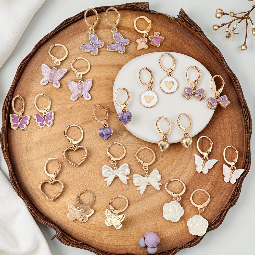 24pcs Summer Hand-painted Epoxy Hand-painted Purple Butterfly Lucky Grass Pearl Mix And Match Earrings Girly Sense Of Daily Casual Versatile Party Temperament Fashion Ladies Earrings Set Multi-ltem Party Favor Packs