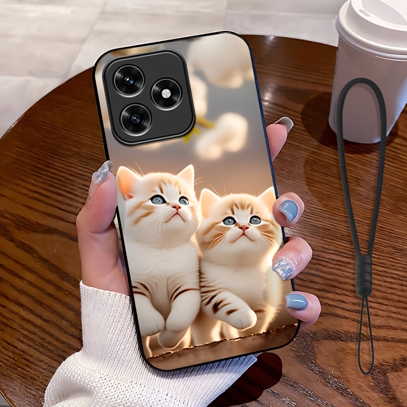 TEMU Phone Case - 2d Flat, 2pcs Set: Includes 1 Phone Case And 1 Strap, Gentle Cat Pattern Phone Case, Suitable X5c | X5c Plus, Unisex Lanyard Phone