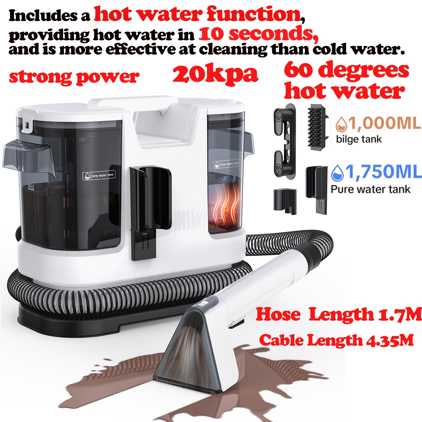 E-shop Lubluelu Tragbarer Sofort-Heizfunktion Teppich- & Polsterfleckenreiniger, 20KPa Starker Saugkraft Fleckenreiniger, Doppel-Wassertank Design