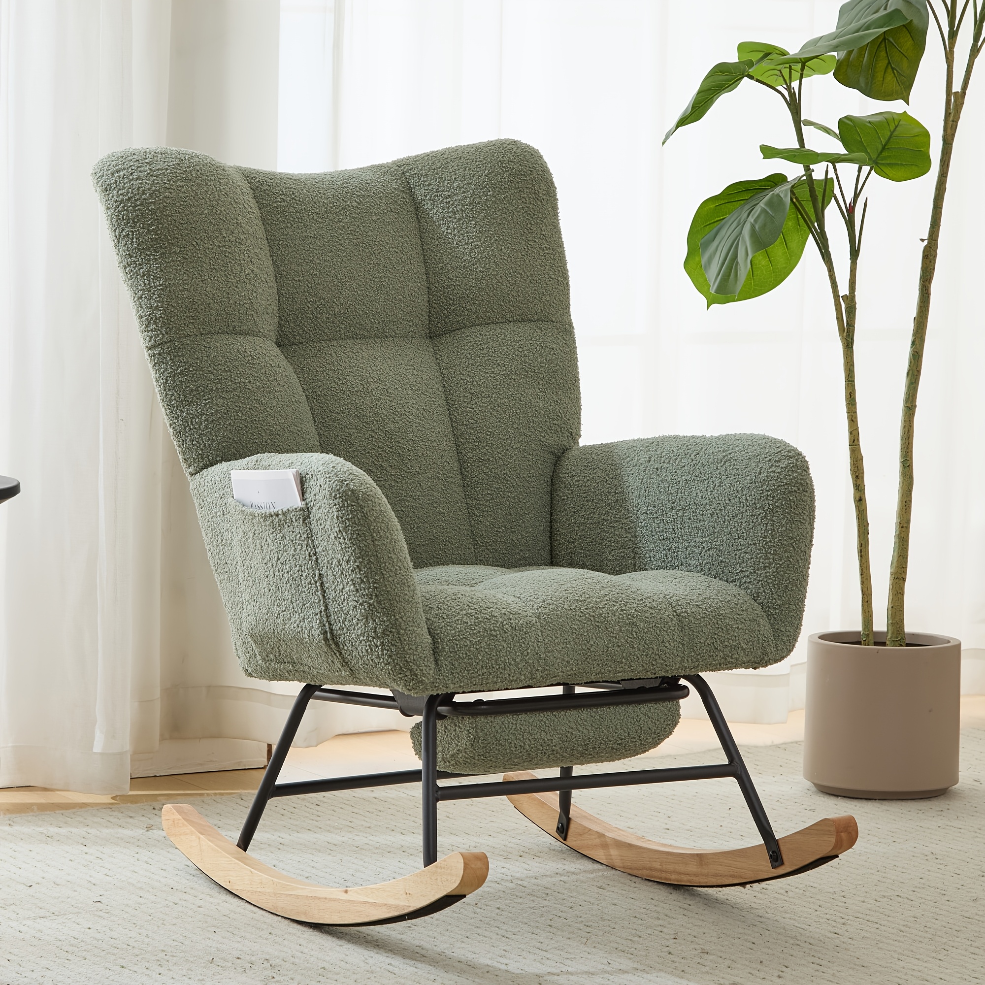 Modern Teddy Fabric Rocking Armchair With Footrest, Curved Backrest And Padded Armrest Design, Comfortable Living Room/bedroom/ Room/reading Area Decorative Chair, Black/gray/brown/green