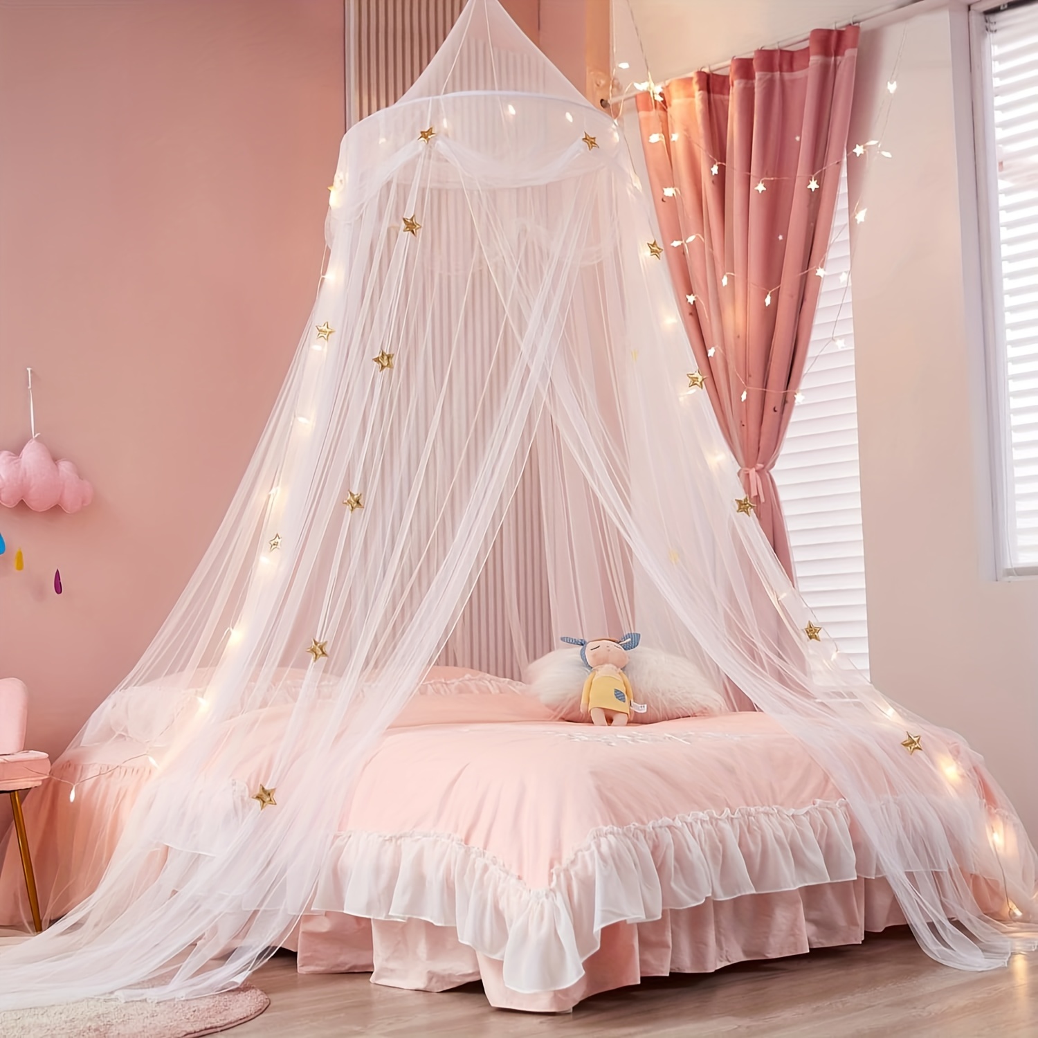 

Girls' Star-patterned Bed - Soft Polyester, Machine Washable, Single To Full Size Beds & Reading Nook Decor, Mesh, Double Bed