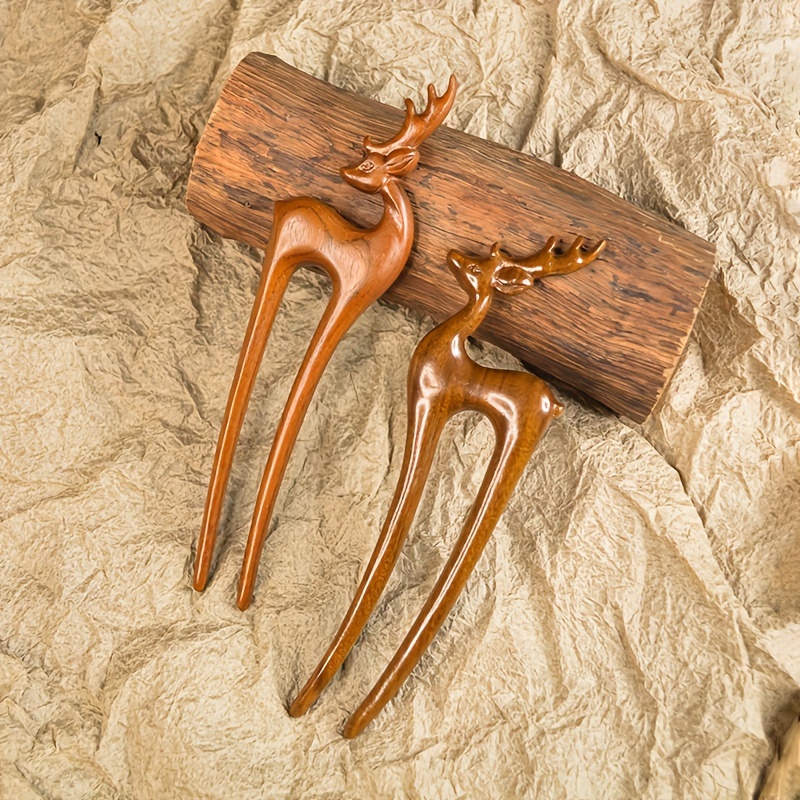 

Elegant Vintage Sandalwood Deer Hairpin, U-shaped Short Plum Design For Hanfu & Cheongsam - Gift, Golden ,