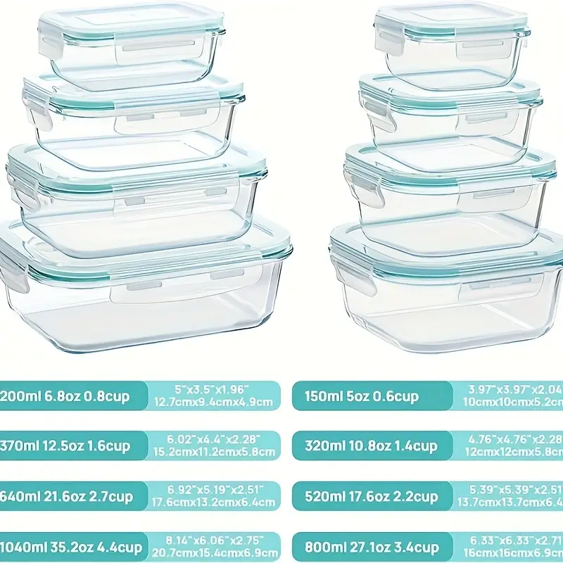 16pcs glass storage containers with lids 8 food storage containers and 8 lids rectangular glass meal preparation containers microwaveable bento boxes freezer storage containers food service delivery boxes Product details 2