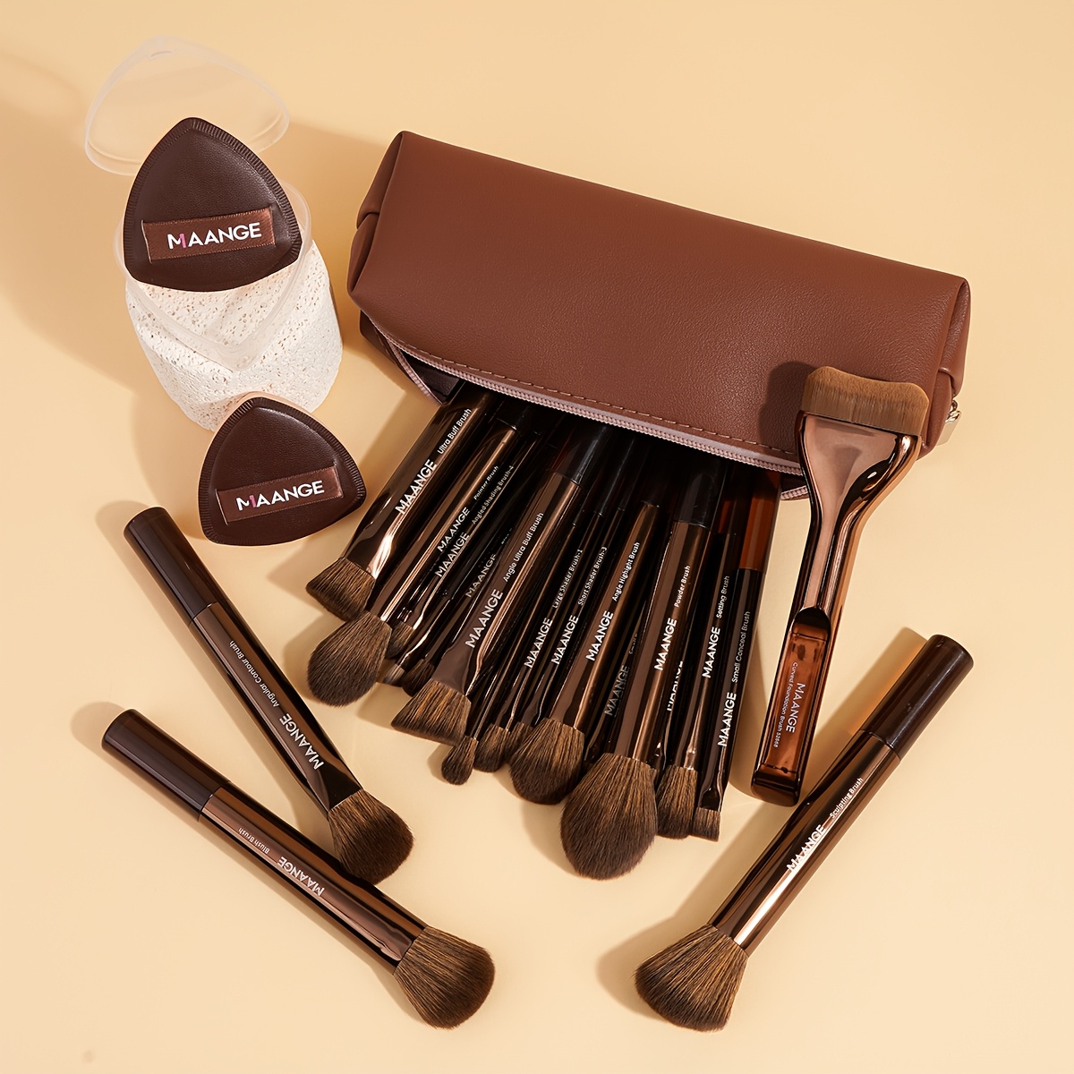 MAANGE 22-Piece Makeup Brush Set, 19 Makeup Brushes + 2 Sponges + Makeup Bag, Portable Makeup Tool Kit, Foundation Brush, Blush Brush, Eyeshadow Brush, Beginner-Friendly Daily Face Makeup Tools, Gift for Women, Christmas Gift