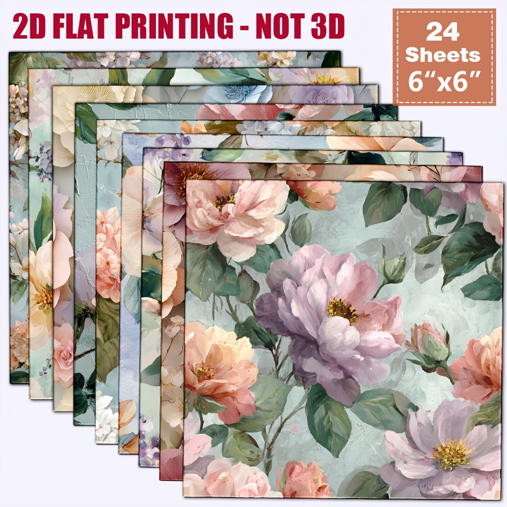 TEMU 24 Sheets 6x6 Inch Textured Oil Painting Peony Scrapbook Paper, Morandi Low Large Flower Greenery Journal Background Paper, French Retro Gentle
