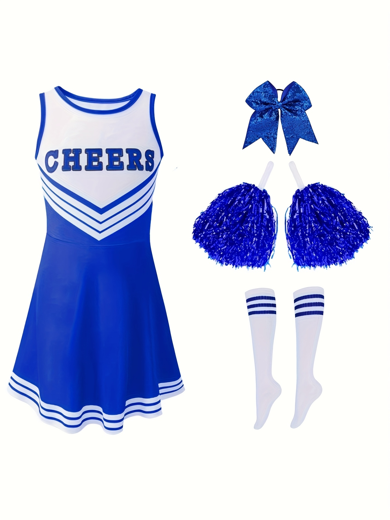 Girls' BLue Cheerleading Dress Set with Bow Scrunchie, Cheer Pompoms and  Socks, Ideal for Party, Sports and Outdoor Children's Performances