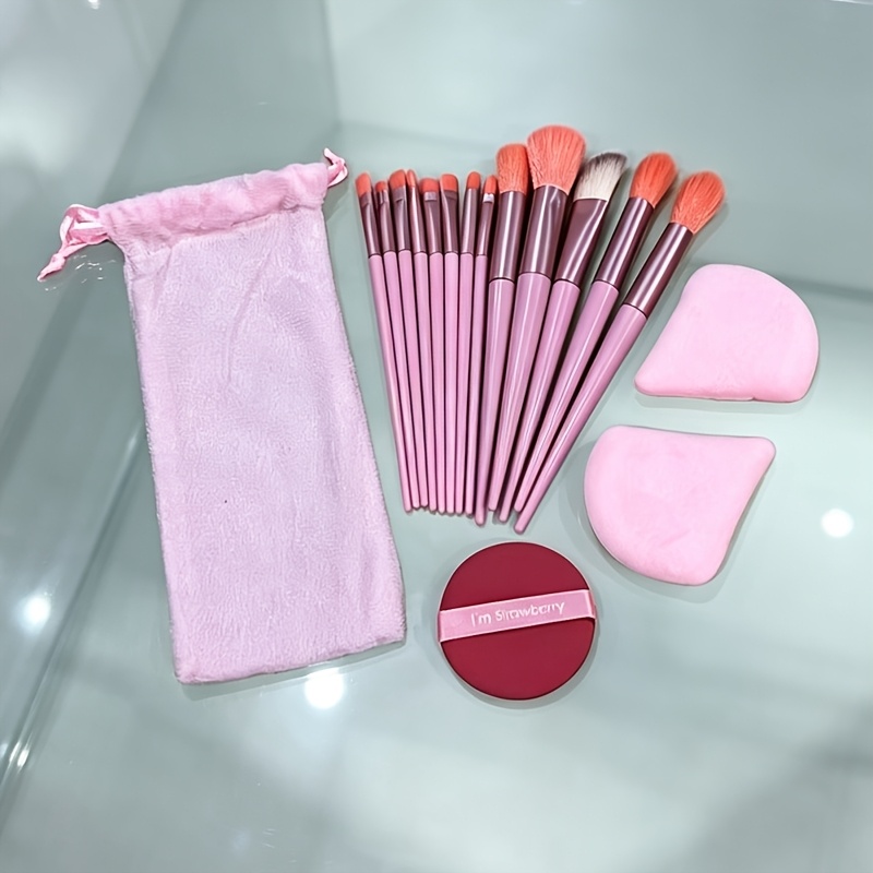 TEMU 17pcs Makeup Tool Set, Including 13pcs Pink Makeup Brushes And 2pcs Triangular Puff And 1pc Round Puff And Storage Bag. Soft And Fluffy