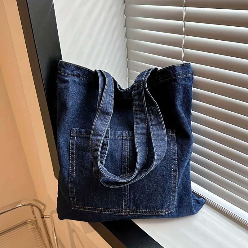 TEMU Chic Denim Shoulder Bag For Women - Spacious, Solid Color With Zip Closure, Durable Polyester Lining