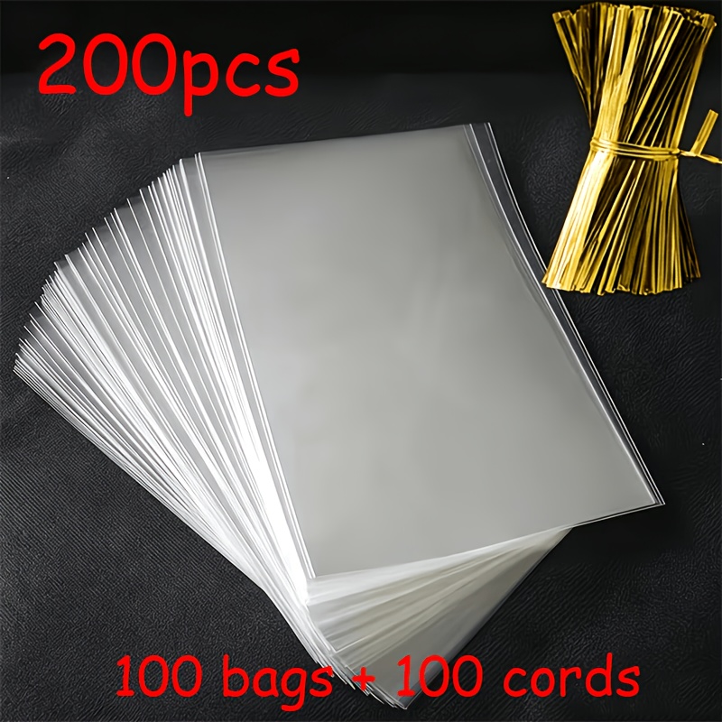 TEMU 200pcs Set: Clear Gift Bags With Golden Twist Ties ( And 100 Ties). Sizes; Ideal For Halloween, Christmas, And Thanksgiving Gift Wrapping, As