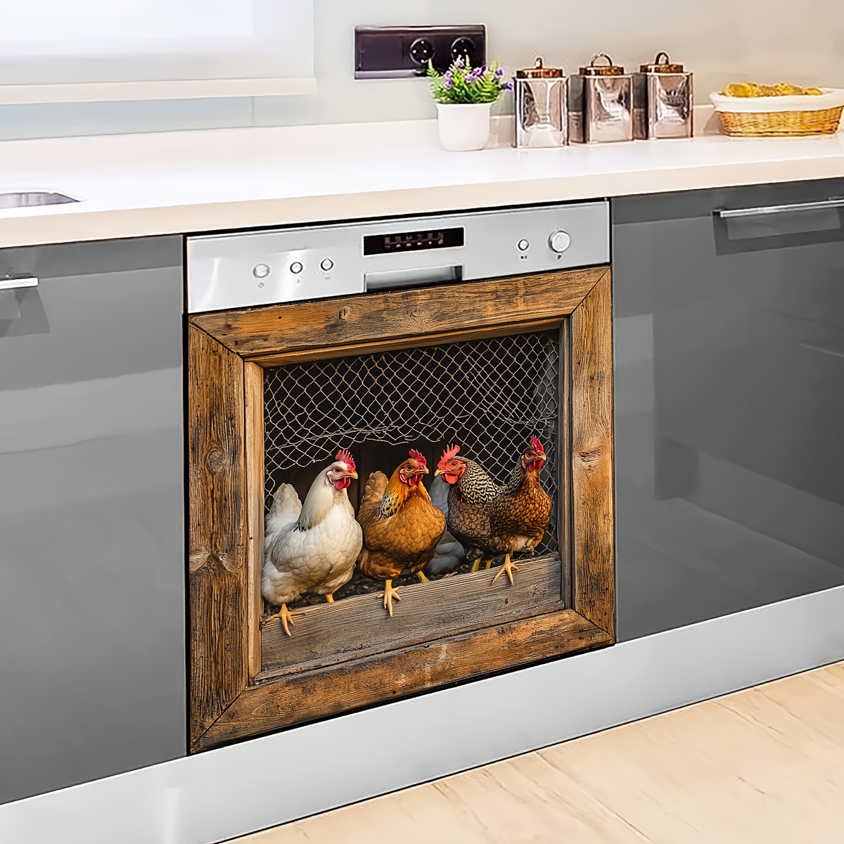 

1pc Realistic Rooster In Cage Self-adhesive Dishwasher Sticker, Pvc Material, Home Decor For Kitchen Cabinet, Suitable For Easter, Hanukkah, Thanksgiving, Valentine's Day, Ramadan (eid Al-fitr)