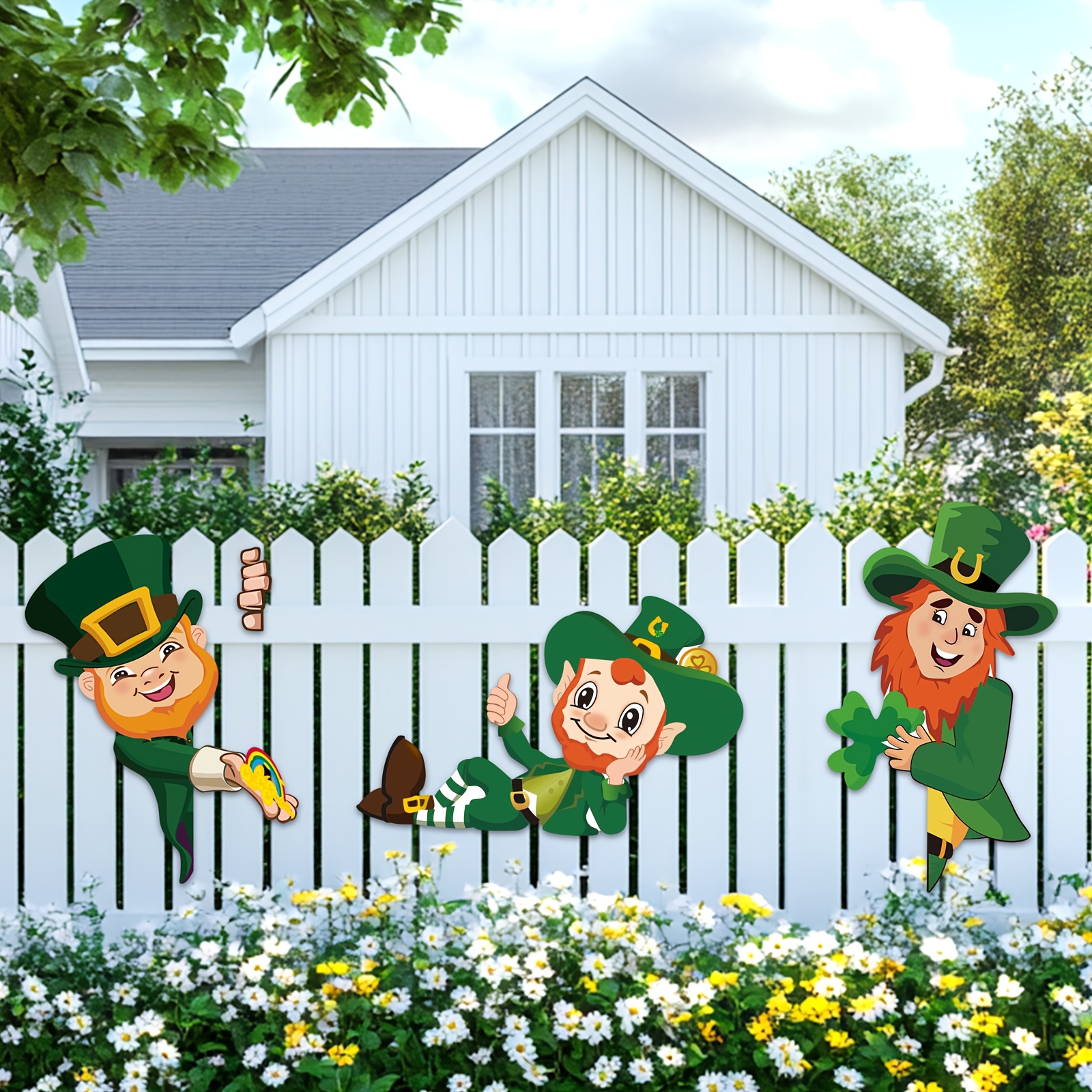 

3pcs 's Day Garden Fence Decorations - Leprechaun Peeking Figures With Shamrock Hats, Festive Yard Signs For Outdoor Party And , , Yard Decorations Outside