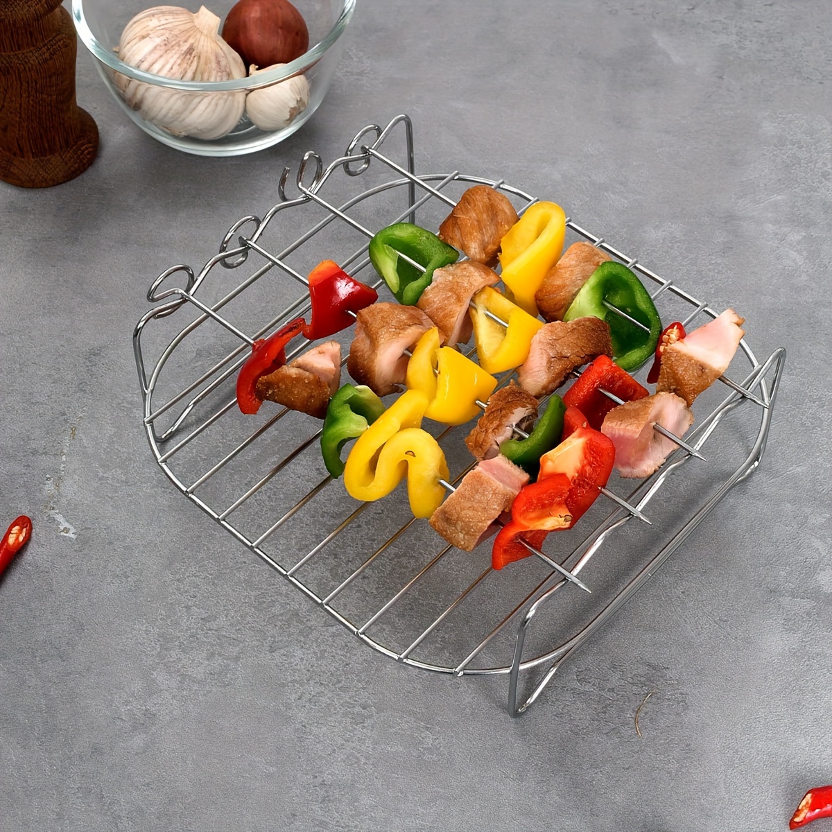 

1pc, Stainless Steel Air Fryer Grill Rack Steaming Rack With Barbecue Skewers, Household Multi-functional Air Fryer Accessories, Kitchen Supplies, Kitchen Accessories, Bbq Accessories