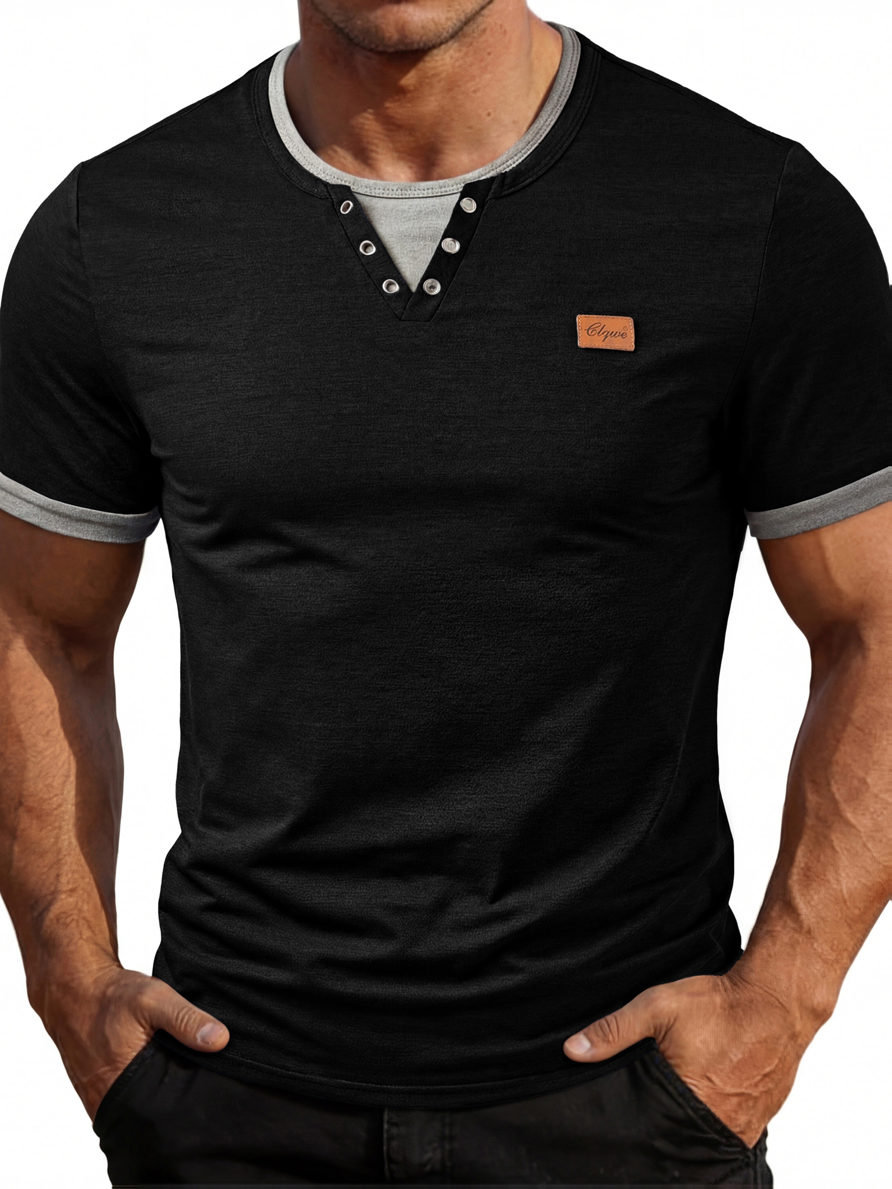 mens fashion mens clothing tops spring and summer outdoor casual color block   badge decoration short sleeved mens henley shirt
