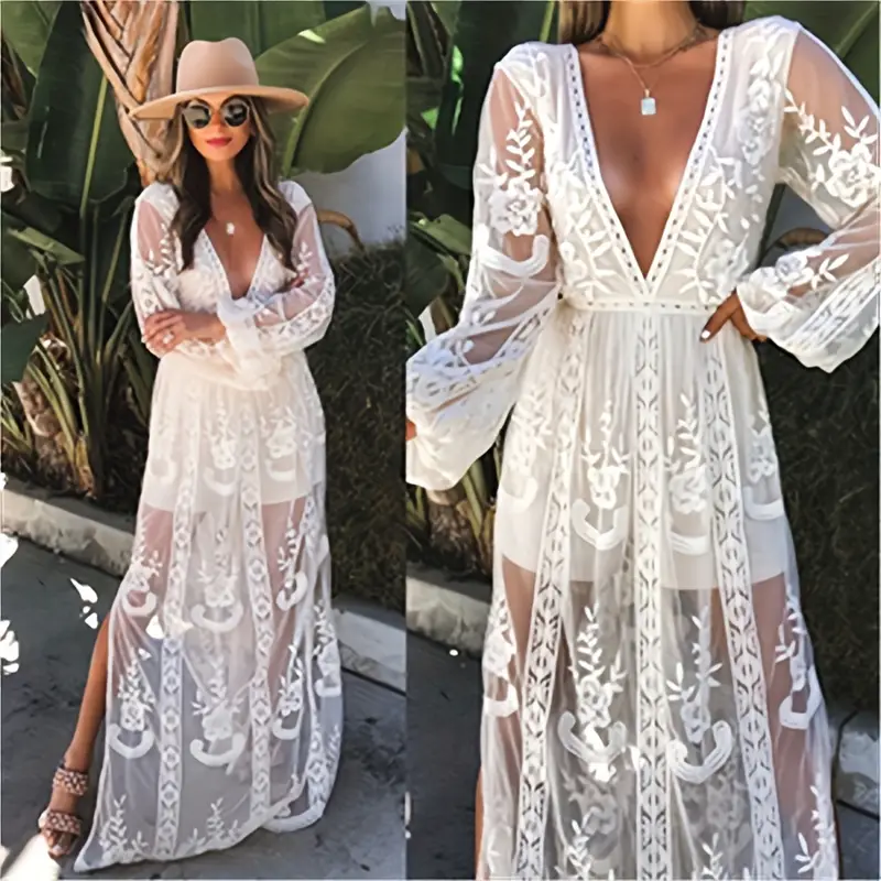 MERMAID'S CLOSET Women'S V-Neck Embroidered Lace Maxi Long Sleeve Dress Wedding Dress Spring And Autumn Winter Bohemian Bride Bridesmaid Wedding Guest MERMAID'S CLOSET Women'S V-Neck Embroidered Lace Maxi Long Sleeve Dress Wedding Dress Spring And Autumn Winter Bohemian Bride Bridesmaid Wedding Guest