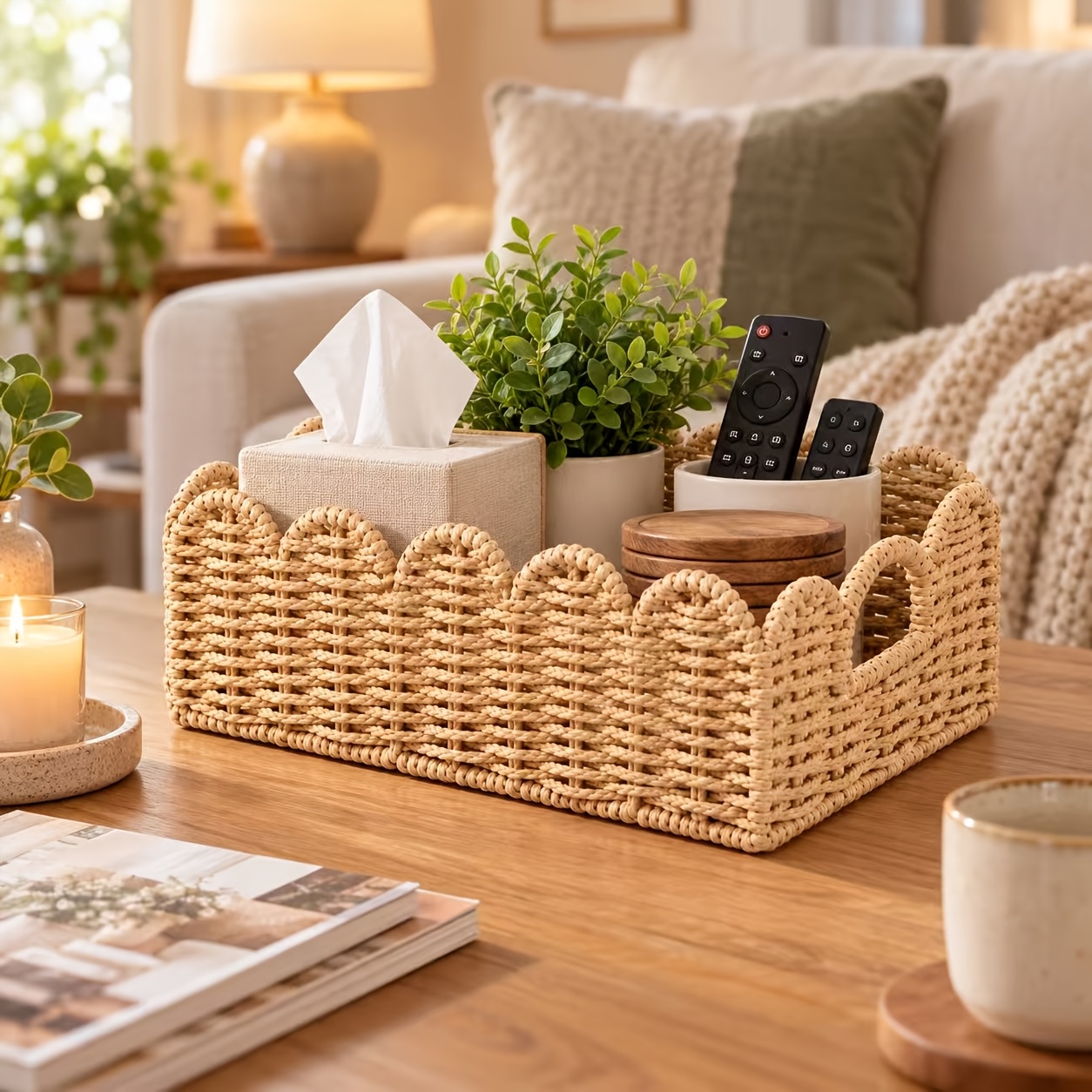 TEMU New Handmade Woven Basket With Scalloped Edge, Multifunctional Desktop Storage Basket, Living Room Coffee Table Bathroom Kitchen Storage Basket,