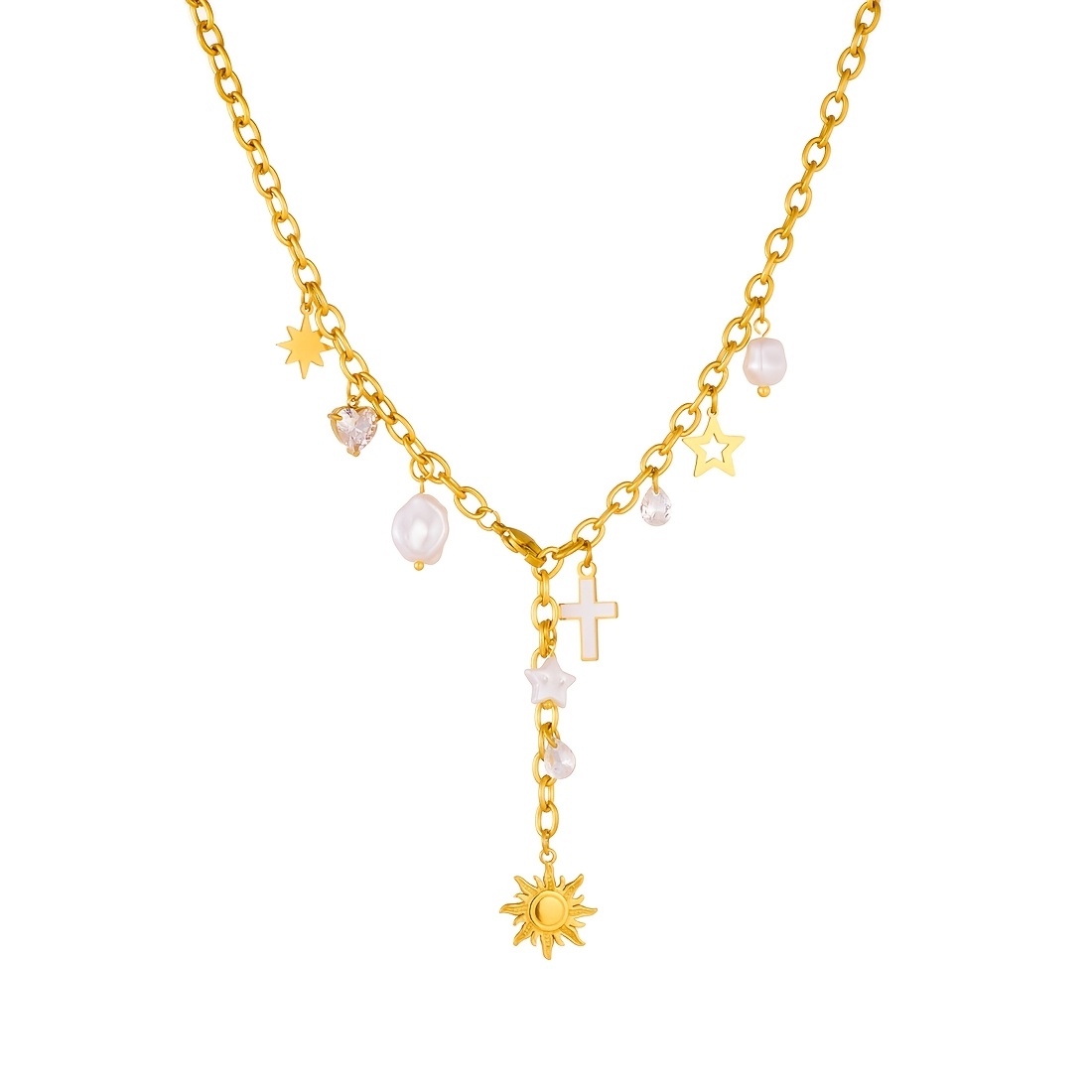 Women's 18K Gold Plated Multi-Charm Necklace with Cross & Sunburst