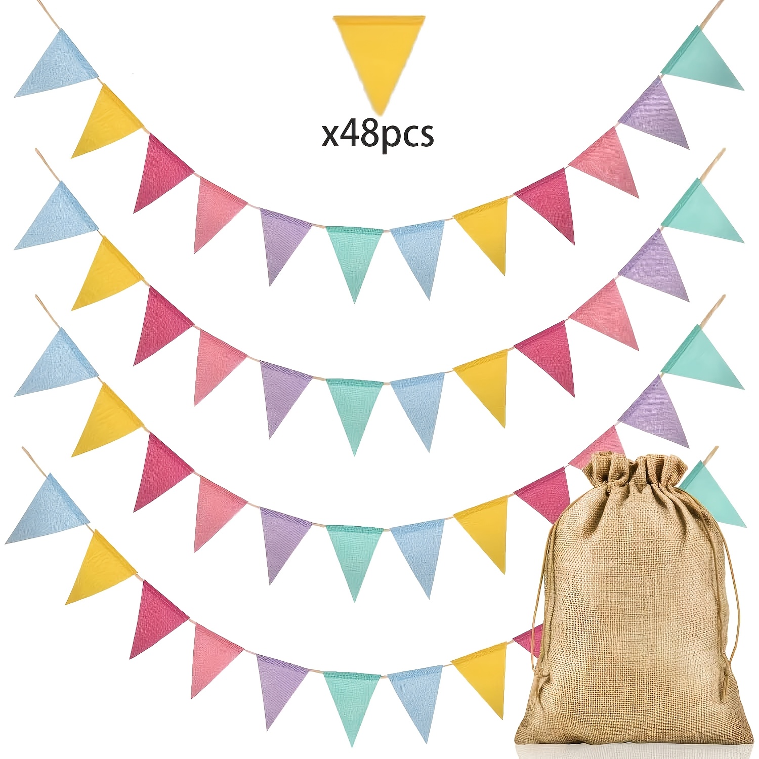 Image of 48 (4 Strings) Colorful Flags + Burlap Sack Flags Colorful Triangle Rope Banner Birthday Banner Classroom School Carnival Garland Outdoor Activities Party Hanging Decorations (pastel)