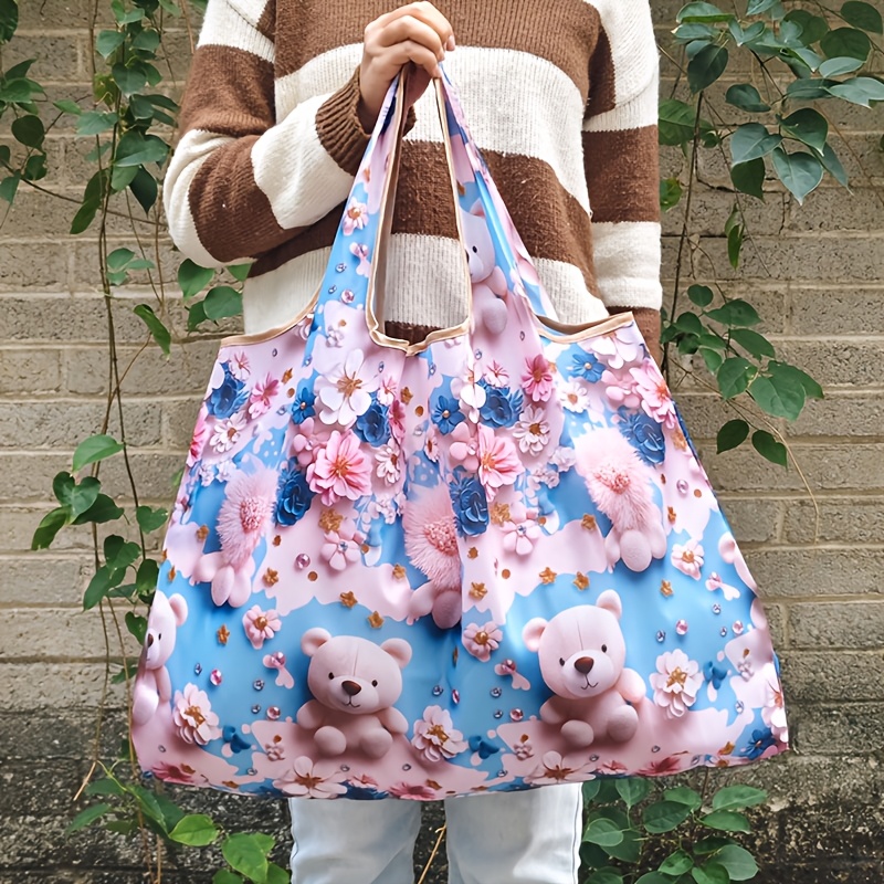 TEMU 1-pack, Large Capacity Foldable Single Shoulder Bag, Lightweight Foldable Shopping Bag, Bear Pattern Foldable Handheld Women's Large Single