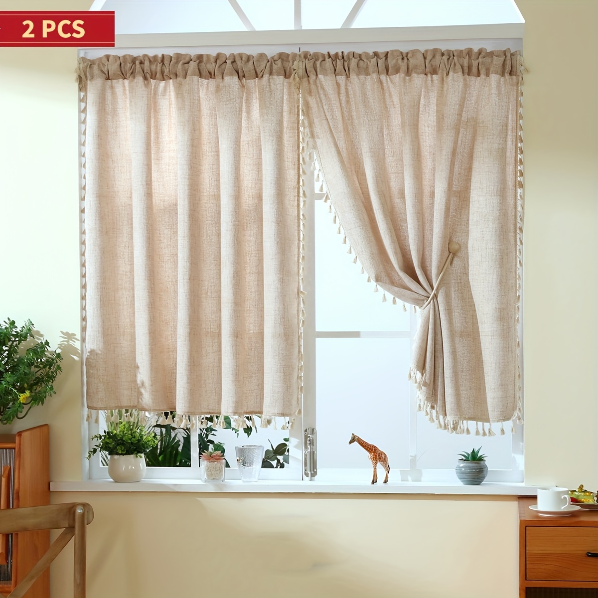 

2pcs Boho Chic Solid Color Tassel Short Curtains - , Linen Rod Pocket Drapes For Living Room, Bedroom, Kitchen - Light Filtering Home Decor