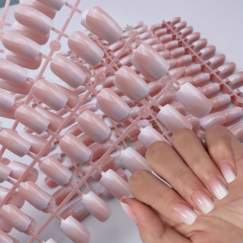 120pcs Square Press-On Nails Medium Length - Pink & White Gradient Glossy Fake Nails with Jelly Glue