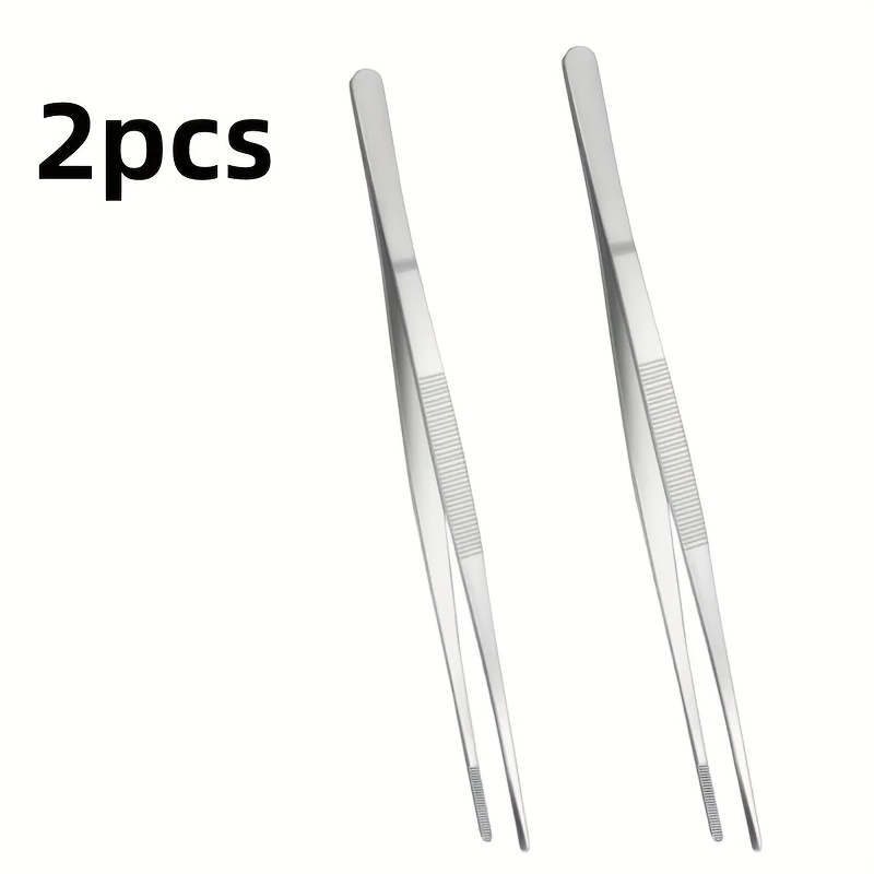 Image of 2pcs Stainless Steel Long Kitchen Tweezers With Precision Serrated Tips, Cooking Tweezers, Suitable For Outdoor Barbecues, Camping, Picnic Cooking Tweezers, Straight Tweezers, Food Tweezers
