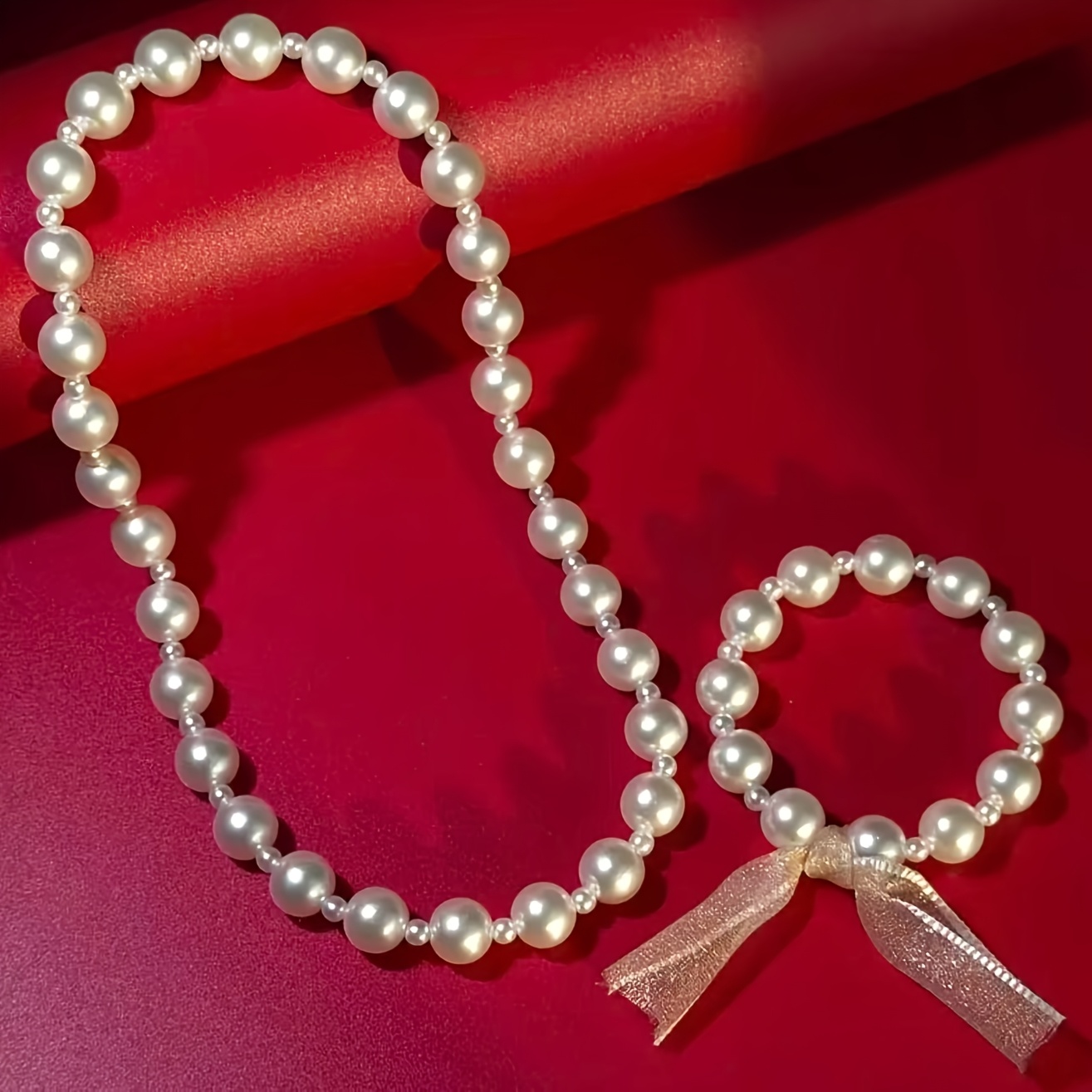 TEMU 2pcs Set Of Fashionable And Cute Pearl Necklace And Bracelet For, Suitable For Birthday And Holiday Gifts