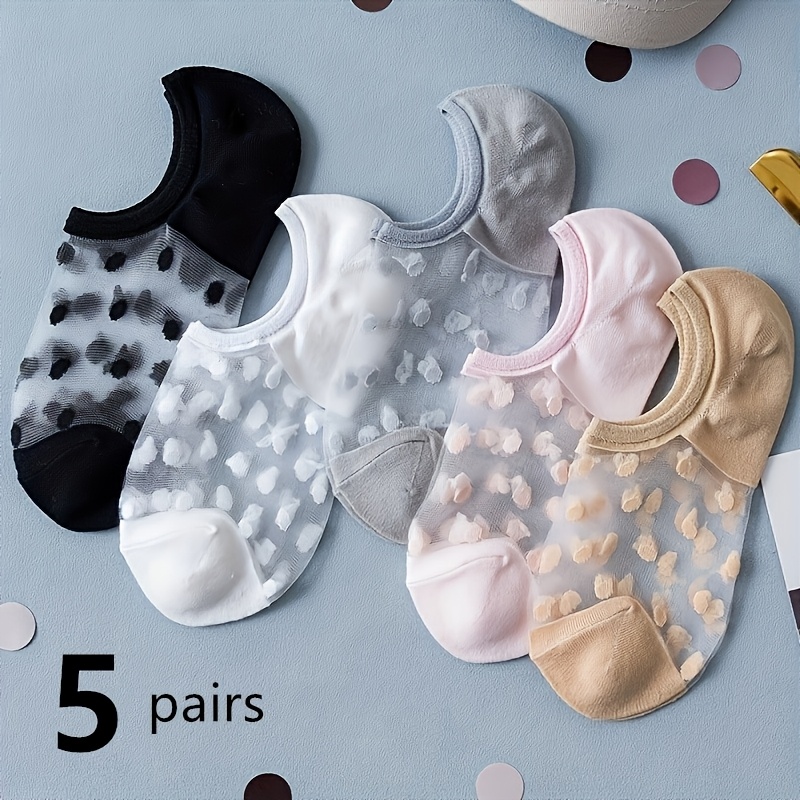 TEMU 5/10 Pairs Summer Transparent Polka Dot Mesh Invisible Socks, Thin, Breathable Low-cut No-show Socks