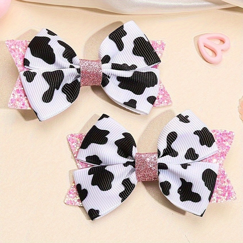 TEMU Set Of 2 Cow Print Bow Hair Clips For Women, Stylish And Elegant, Featuring Non-slip Design, Accessories For Dressing Up At Parties.