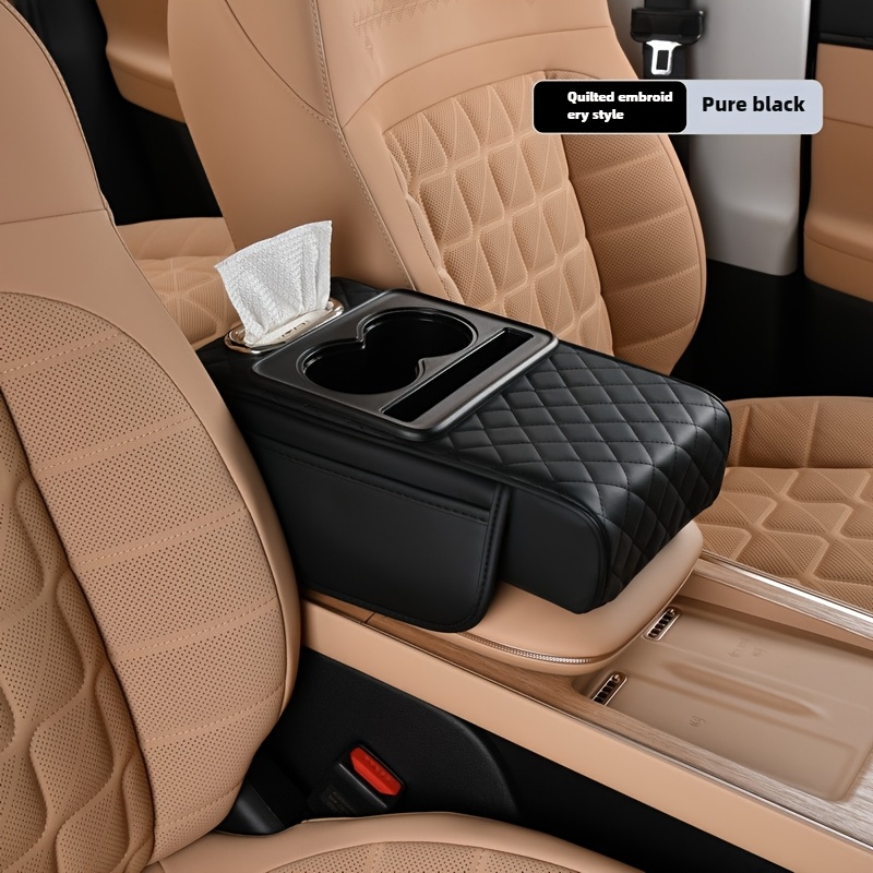 

A Luxurious Pu Leather Car Armrest Pad, Universal Armrest Pad, With Cup Holder And Tissue Box, Featuring A Storage Pocket And A Comfortable Quilted Design, For Vehicle Interior Accessories.