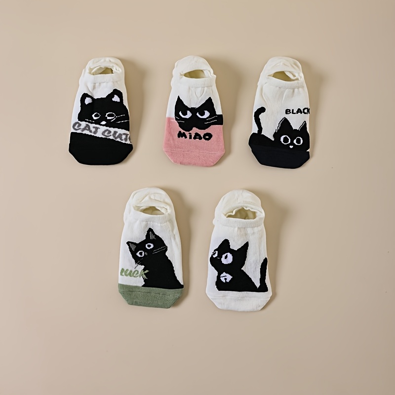 TEMU 5 Pairs Women's Comfortable Fashion Cute Black Cat Letter White Short Socks, Boat Socks
