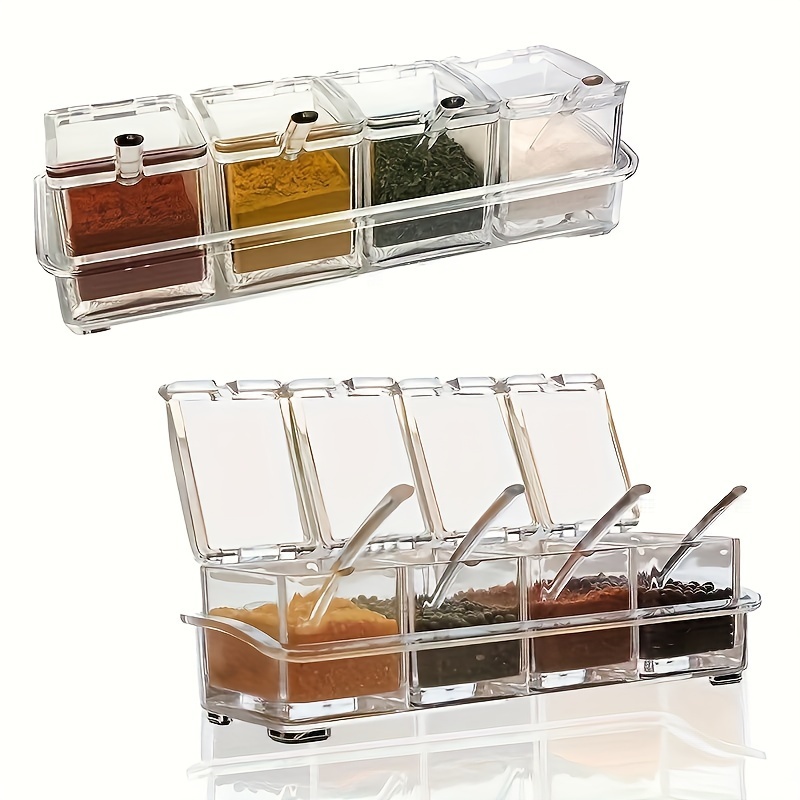 

4-grid Acrylic Salt And Pepper Shaker Set With Spoons, Transparent Condiment Storage Containers For Kitchen And Restaurant Use