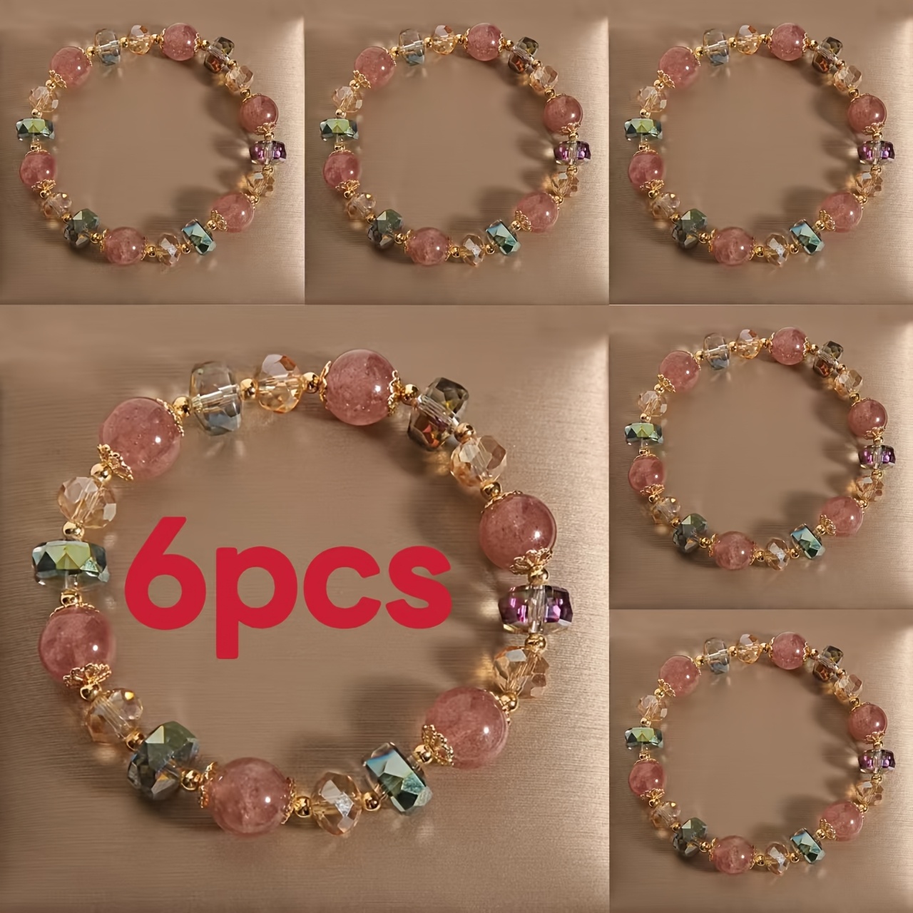 E-shop 6 Stück Kristallperlen-Armband für Damen – Elegantes Bohemian Mehrfachperlen-Kettenarmband, Natürliche Perlen für & Partys, Ideales Geschenk,