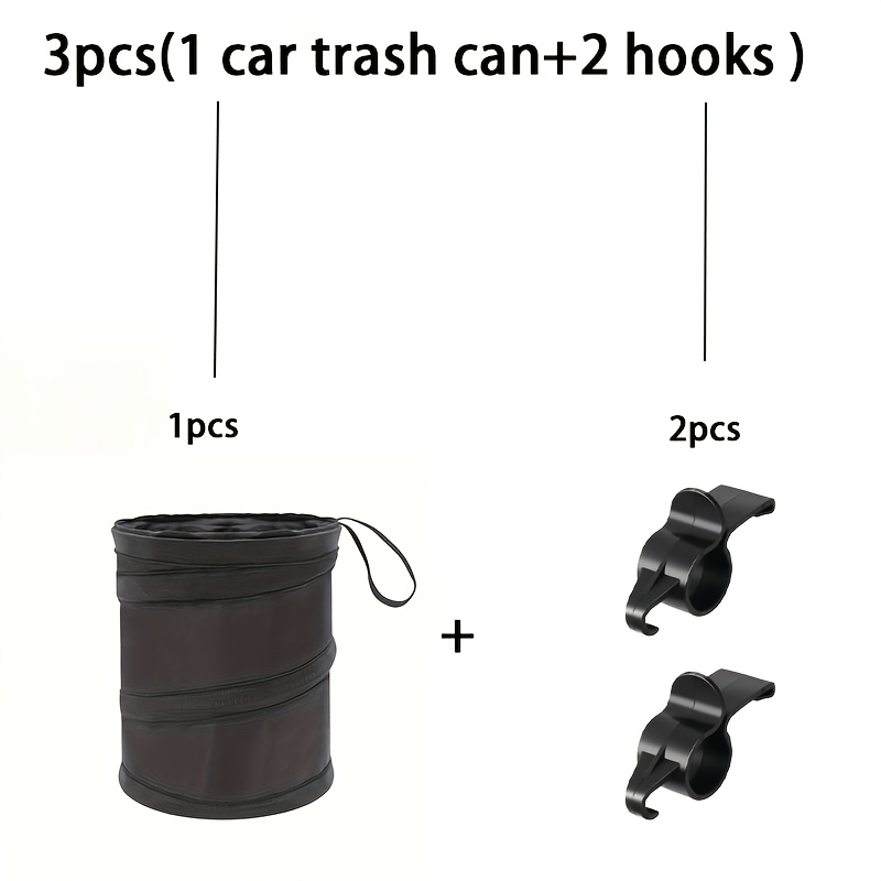 TEMU 3pcs Set (1pc Car Trash Can And 2pcs Hooks) 1pc Car Trash Can, Car Storage Box, Foldable Trash Can, Easy-to-clean Car Accessory, Small Car Trash