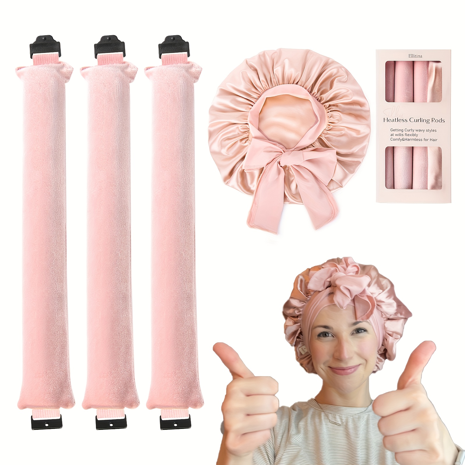 Ellitina 4pcs Heatless Curling Set - No Heat Overnight Curling Rod & Satin Bonnet | Spring/Summer Frizz-Free Waves, Sleep-Friendly DIY Styling Kit for All Hair Types | Adjustable Comfort Fit & Nice Mother's Day Gift (Luxury Satin)