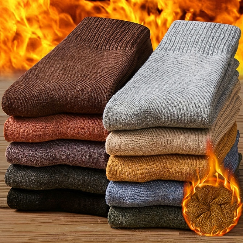 

5 Pairs Of Men's Solid Color Thickened Thermal Crew Socks With Warm Plush Lining, Comfy Casual Lightweight Socks For Men's Winter Outdoor Activities