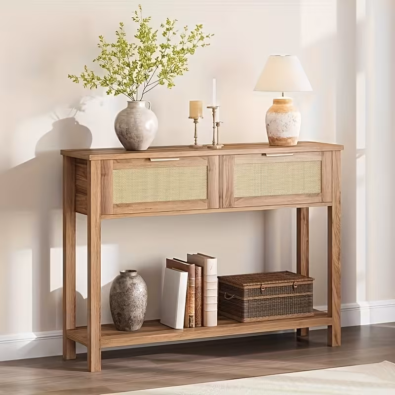 entryway table with drawers rattan console table with storage boho sofa table for living room 2 tier hallway table home furniture 0