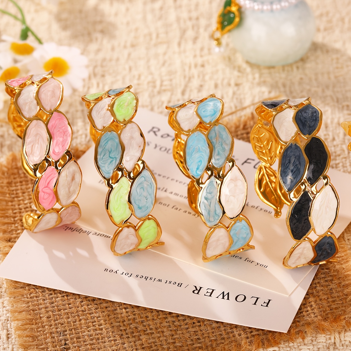 Elegant Color Block Enamel Open Cuff Bangle for Women, Soft Marbled Tone