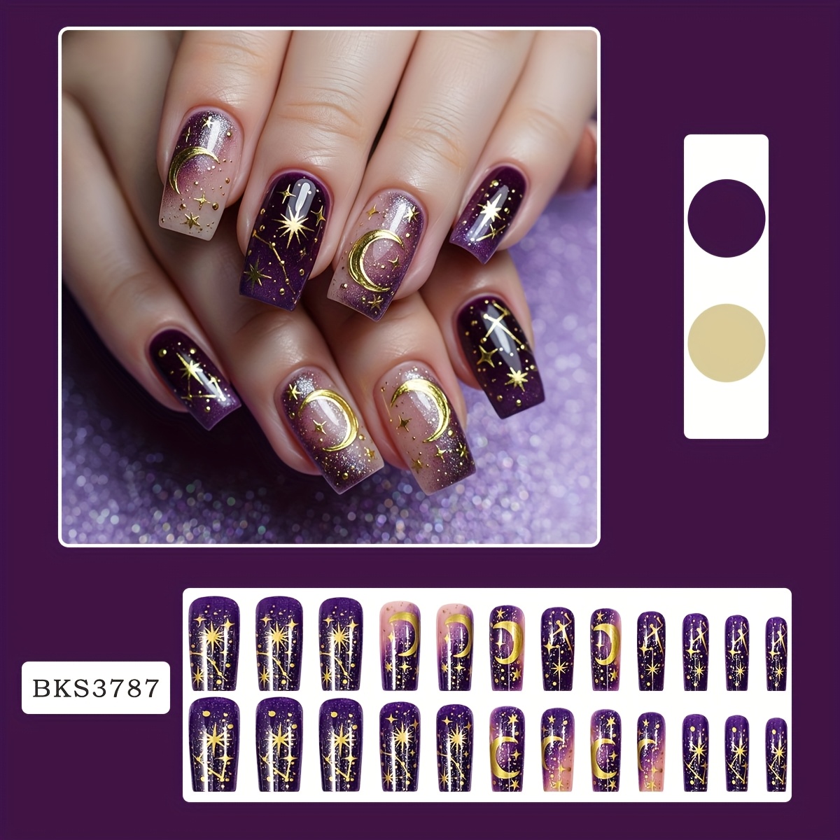 TEMU 24pcs Nail Art - Purple & , Sparkly Gradient Glitter Long Square Press On Nails