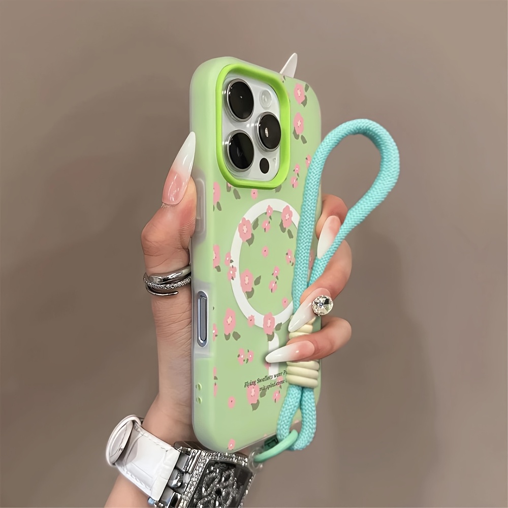 TEMU 2-in-1 Cute Flower Matte Clear Candy Colormagnetic Wireless Charging Phone Case With Short Strap, Designed For Compatibility With 17, Air, 16,