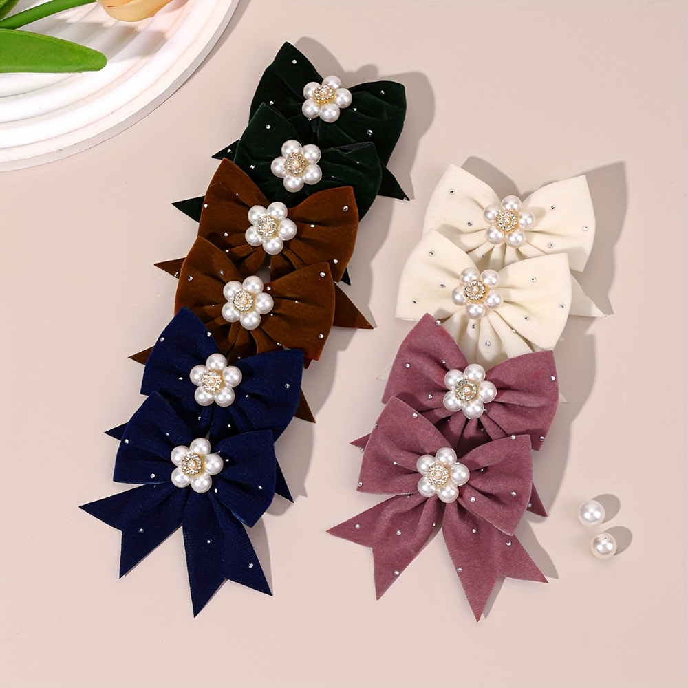 Image of 10pcs Sweet Velvet Bow Hair Clips For Velvet Bow Hair Pins With Rhinestone Designs Glitter Hair Additions For Fashionable Styles
