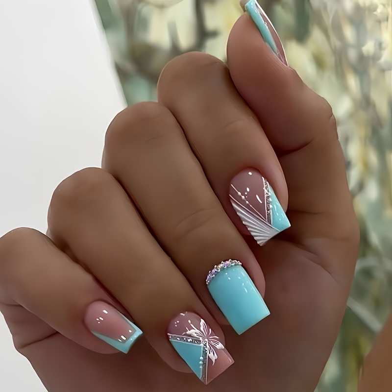 TEMU Blue Short Nail Patches | Medium-length Glossy Nude French Nail Patches, Decorated With White Flower Rhinestones, Novel Design, Adhesive Nail