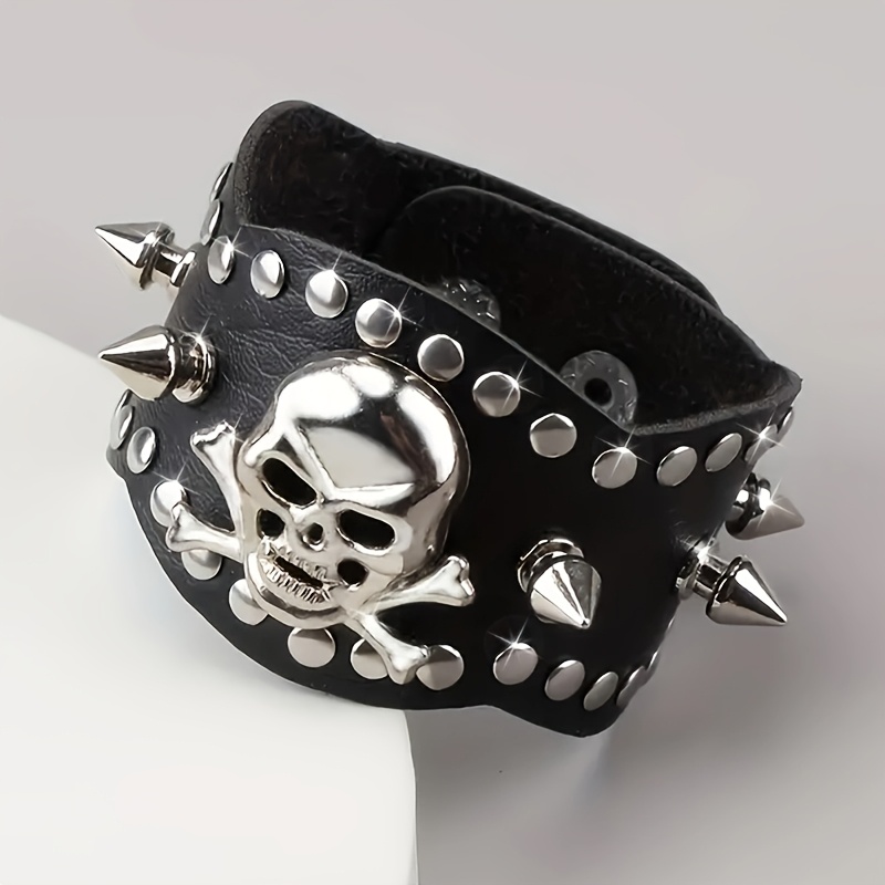 TEMU Halloween Hip-hop Rock Studded Skull Faux Leather Bracelet, Suitable For Men And Women For Everyday Wear And Festive Parties - A Gift For